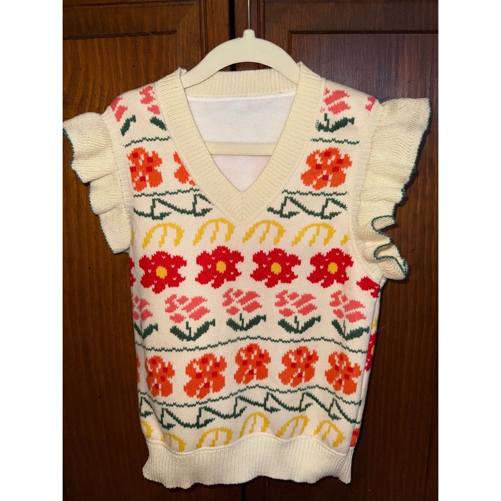 Girls Floral Knit Sweater Vest Ruffle Sleeve V-Neck Cream Red Orange Boho